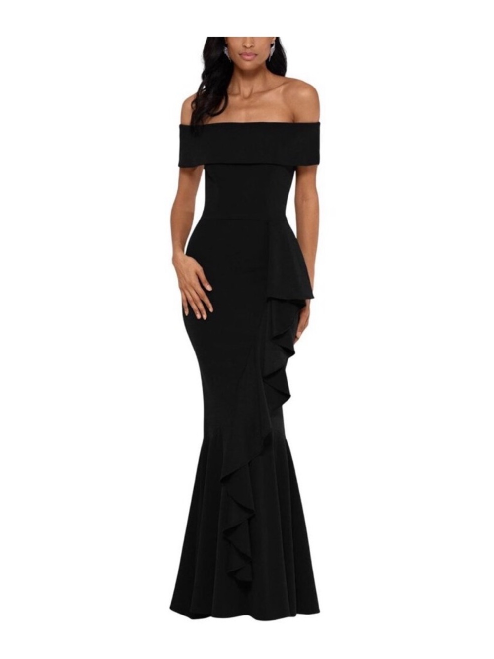 Betsy and Adam off the shoulder Black Ruffle Mermaid Gown - Picture 5 of 6